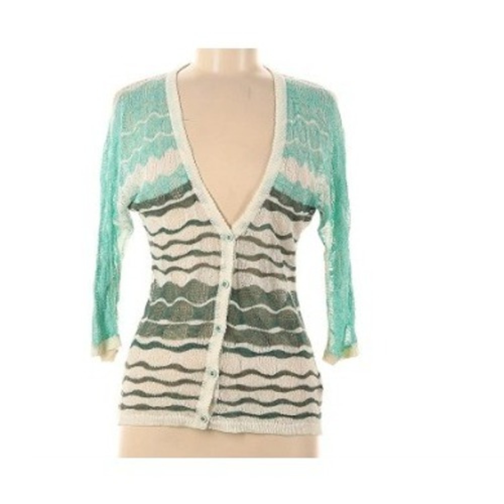 Anthropologie Charlie &‎ Robin S Teal Linen Blend Open Knit Cardigan Boho Stripe